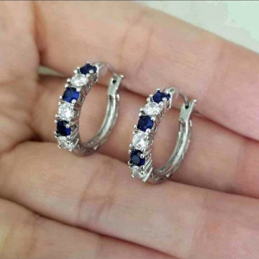 New 925 Silver Round Cut Blue Sapphire Diamond  Hoop Earrings for Women